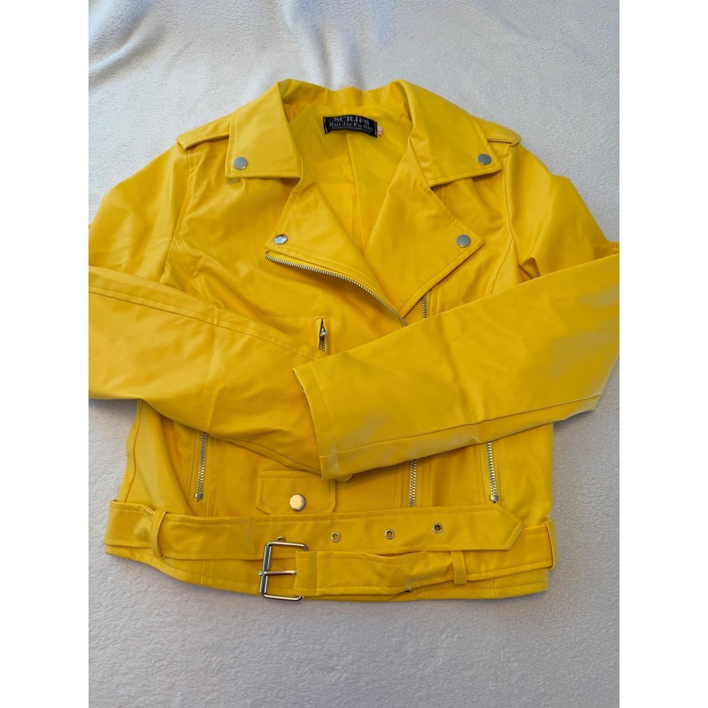 SCRJFS Rui Jie Fu Shi Womens Yellow Faux Leather Moto Biker Jacket Belted L